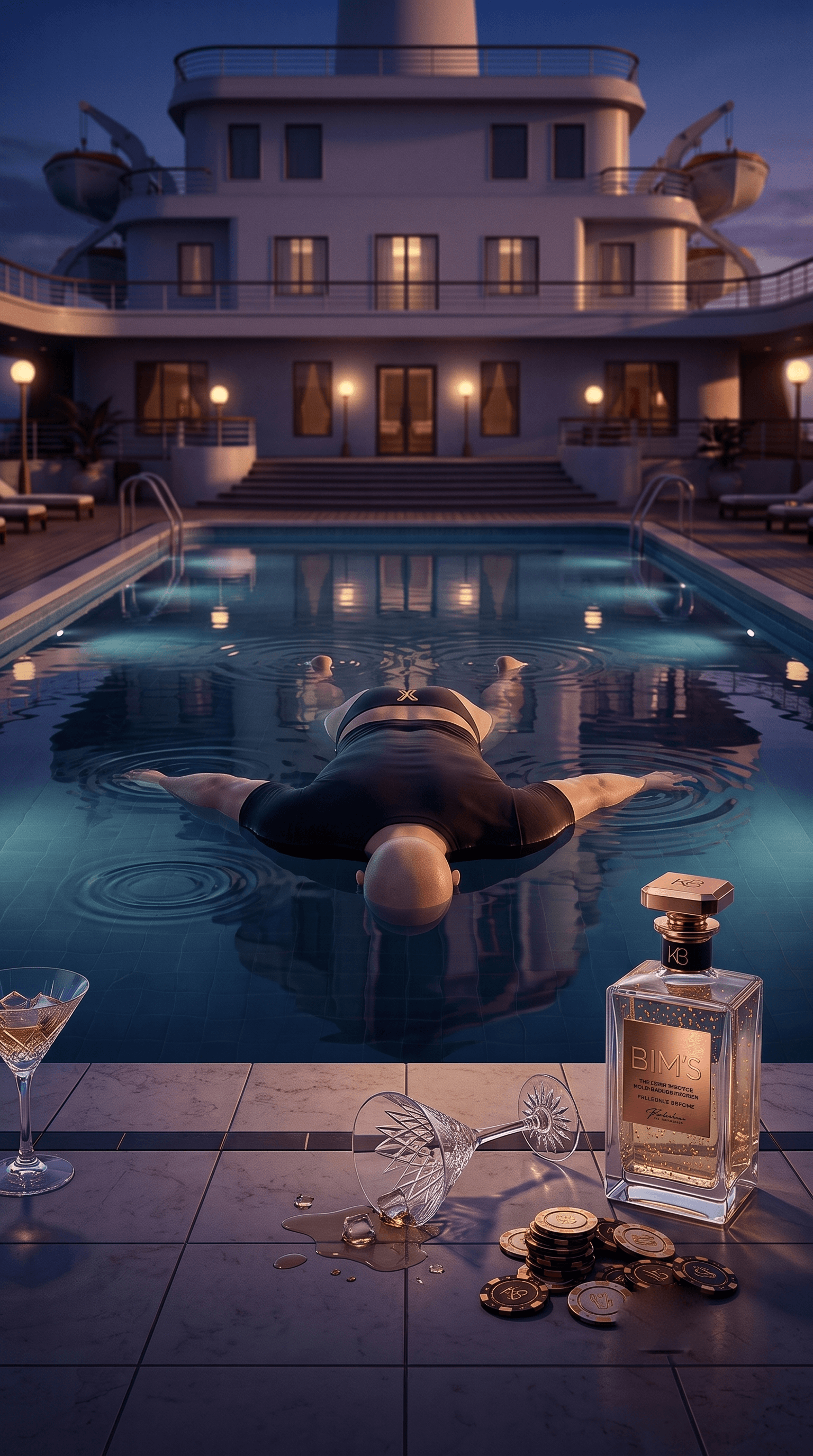 A figure floating face-down in a superyacht pool at dusk